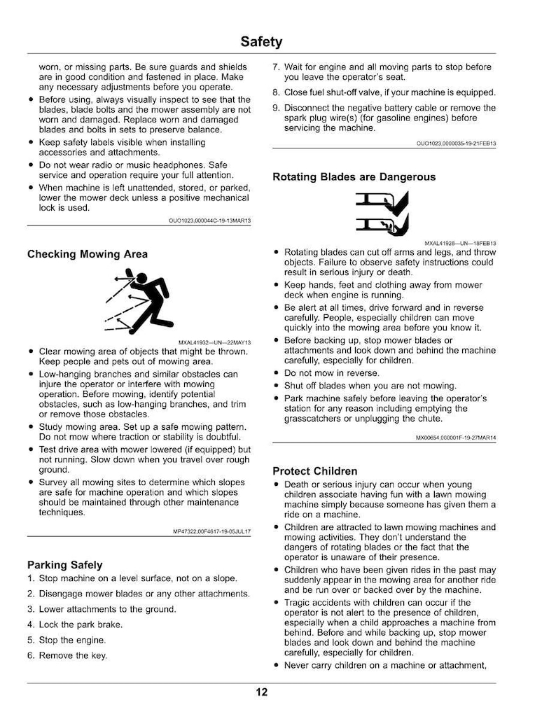 May include: A page from a safety manual for a lawn mower, with sections on safety, checking the mowing area, and parking safely. The manual includes warnings about rotating blades and protecting children, with illustrations and numbered instructions.