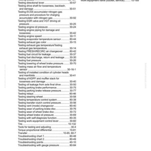 May include: An index page from a manual, listing various testing procedures for machinery. The page includes a table of contents with topics like "Testing compression pressure" and "Testing fuel pressure." The page number is 11.