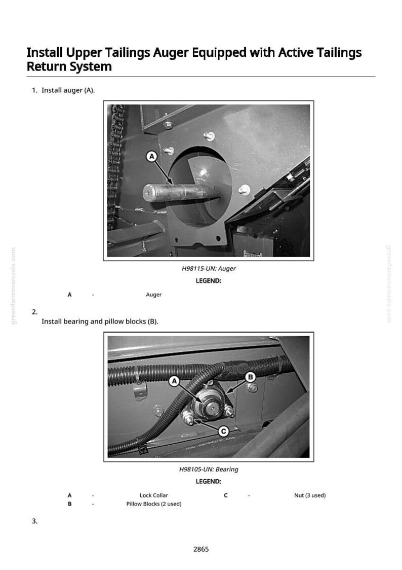 K&ouml;nnte beinhalten: Diagramm mit Maschineninstallationsanweisungen. Das Bild zeigt Nahaufnahmen von mechanischen Komponenten, einschlie&szlig;lich einer Schnecke und Lagerkomponenten. Textbeschriftungen und Pfeile weisen auf Installationsschritte und Teileidentifizierung hin.