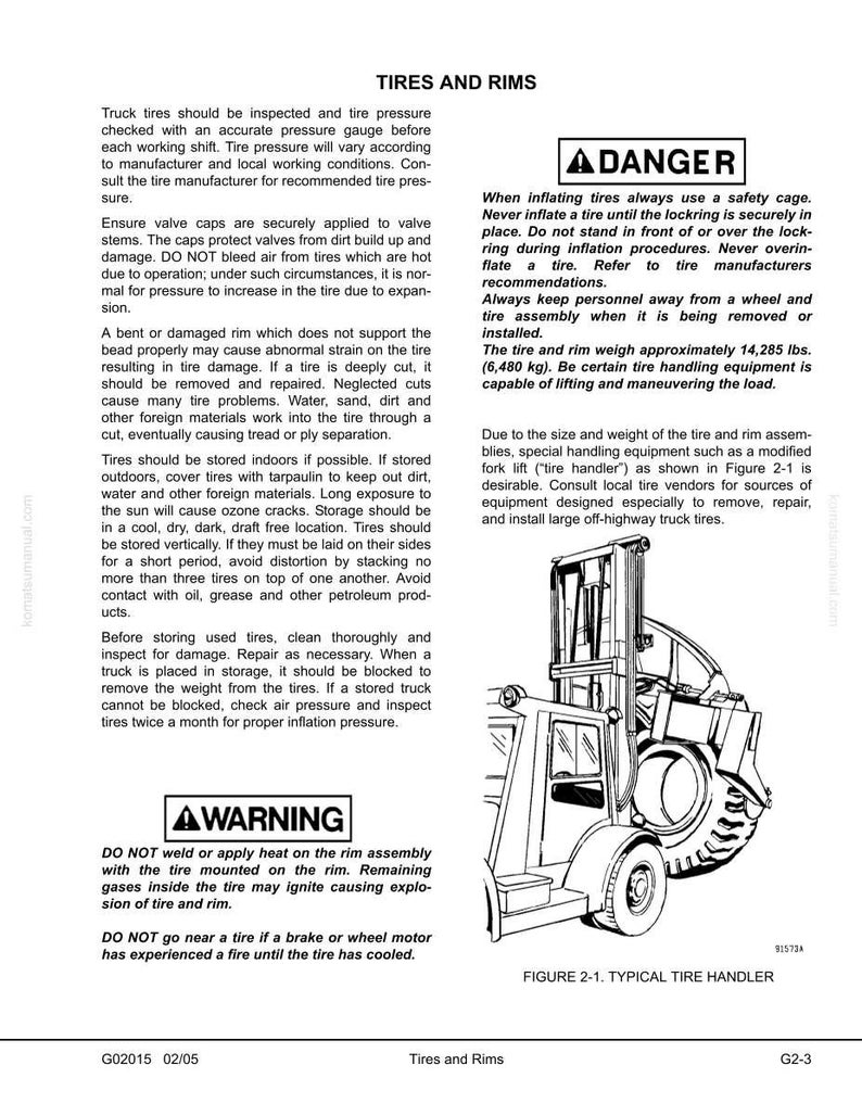May include: A page from a manual titled "Tires and Rims" with safety warnings and instructions. Includes a diagram of a tire handler and text about tire care, inflation, and storage.
