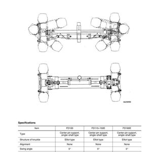 May include: Diagram of a steering axle, a thick steel plate welded integrated structure with a built-in 2-rod type power steering cylinder. Includes specifications for FD100, FD115-150E, and FD160E models, with measurements in millimeters.