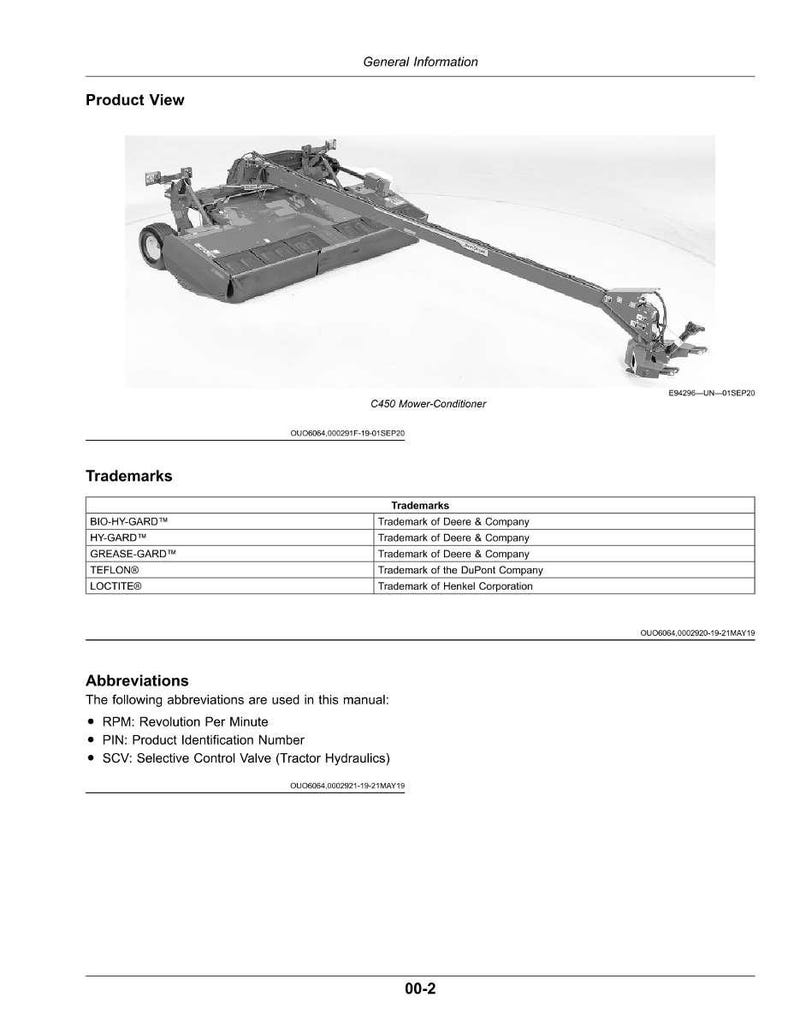 Puede incluir: Vista detallada del producto de un C450 Mower-Conditioner, un equipo agr&iacute;cola. La imagen incluye un brazo largo que se extiende desde el cuerpo principal, con texto que indica marcas comerciales y abreviaturas como RPM y PIN.