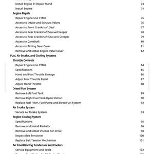 May include: A white page featuring a detailed table of contents for engine repair and related systems. The text includes sections on engine repair, fuel systems, air intake, cooling, and electrical components, with page numbers.