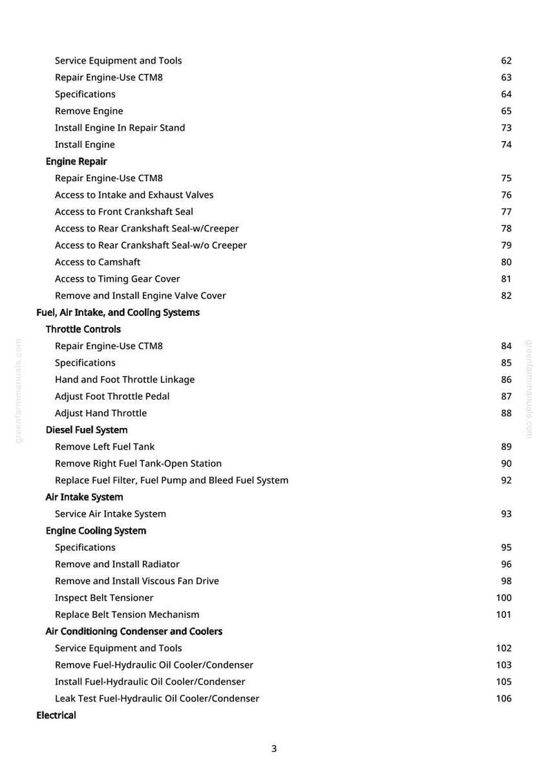May include: A white page featuring a detailed table of contents for engine repair and related systems. The text includes sections on engine repair, fuel systems, air intake, cooling, and electrical components, with page numbers.