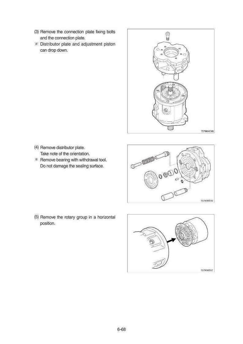 May include: Diagram of mechanical components, including a distributor plate, adjustment piston, and rotary group. The image provides step-by-step instructions for disassembly, with text labels and exploded views of the parts.