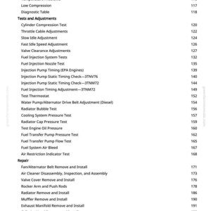 May include: A page from a manual with a list of engine repair and adjustment procedures. The text includes topics like "Engine Runs Rough," "Fuel Injection System Tests," and "Cylinder Head Recondition."