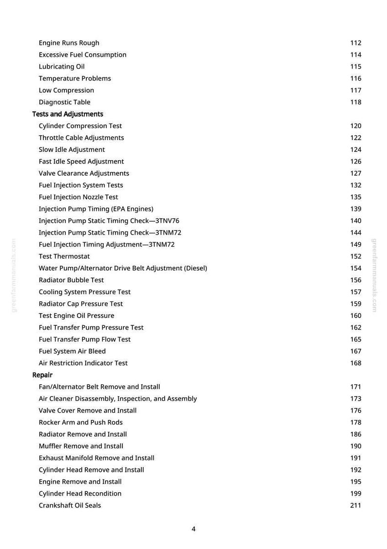 May include: A page from a manual with a list of engine repair and adjustment procedures. The text includes topics like "Engine Runs Rough," "Fuel Injection System Tests," and "Cylinder Head Recondition."
