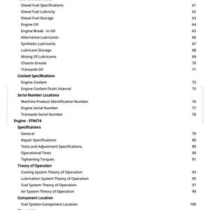 K&ouml;nnte beinhalten: Eine Seite aus einem Handbuch mit Inhaltsverzeichnis. Der Text umfasst Abschnitte zu Kraftstoffen, Schmierstoffen, K&uuml;hlmittel, Seriennummern und Motorspezifikationen. Seitenzahlen sind aufgef&uuml;hrt.