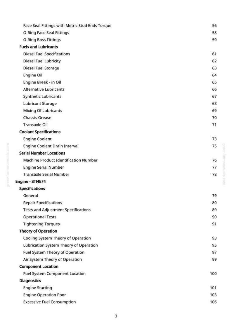 K&ouml;nnte beinhalten: Eine Seite aus einem Handbuch mit Inhaltsverzeichnis. Der Text umfasst Abschnitte zu Kraftstoffen, Schmierstoffen, K&uuml;hlmittel, Seriennummern und Motorspezifikationen. Seitenzahlen sind aufgef&uuml;hrt.