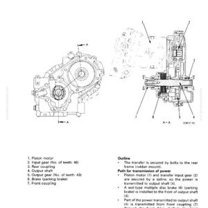 May include: Technical diagram of a transfer case, showing internal components such as the piston motor, input gear, and output shaft. The image includes an outline explaining the transfer's function and power transmission. The diagram is in black and white.