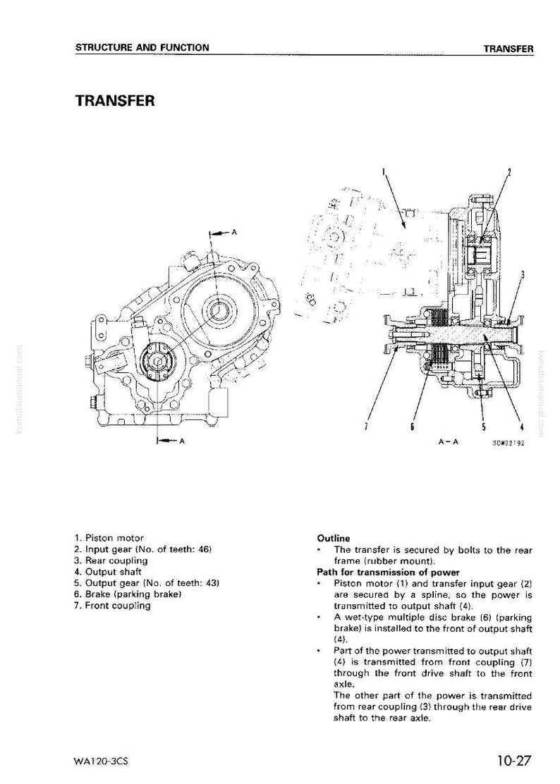 May include: Technical diagram of a transfer case, showing internal components such as the piston motor, input gear, and output shaft. The image includes an outline explaining the transfer's function and power transmission. The diagram is in black and white.