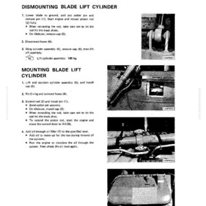 May include: A page from a manual detailing the disassembly and assembly of a blade lift cylinder. The text includes instructions and diagrams for dismounting and mounting the cylinder, with measurements in kilograms.