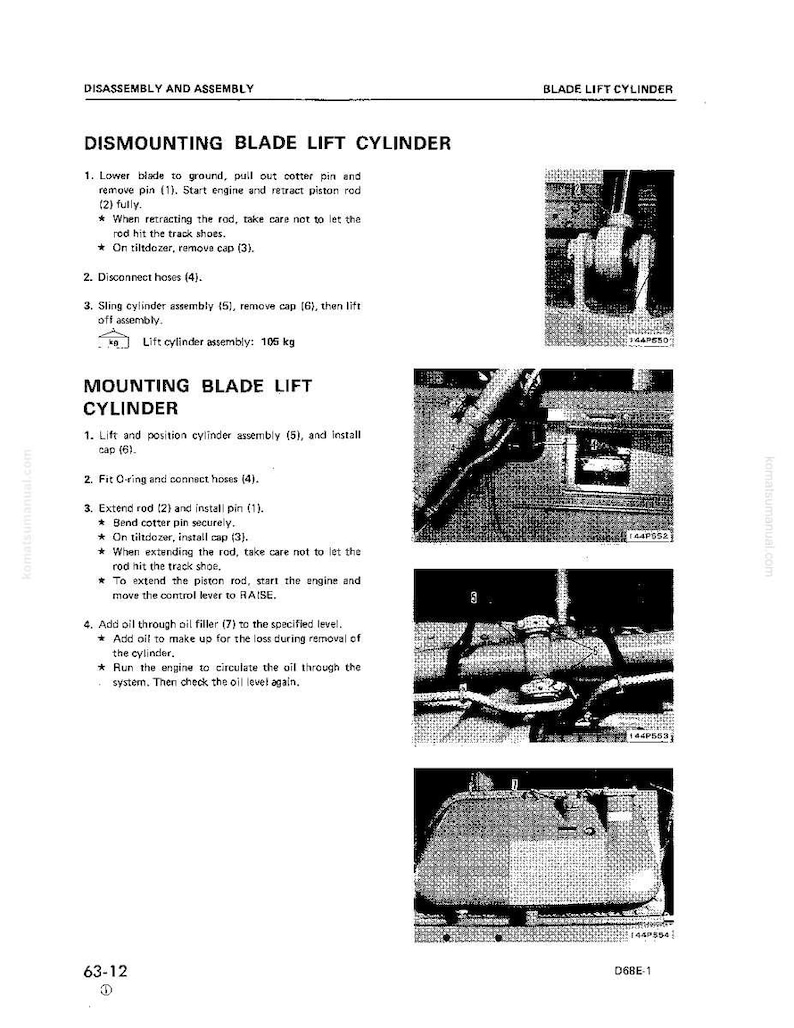 May include: A page from a manual detailing the disassembly and assembly of a blade lift cylinder. The text includes instructions and diagrams for dismounting and mounting the cylinder, with measurements in kilograms.