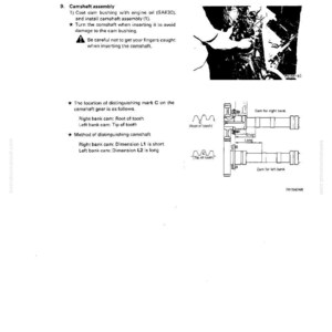 K&ouml;nnte beinhalten: Seite aus einem Handbuch mit Text und Diagrammen zur Nockenwellenmontage. Der Text enth&auml;lt Anweisungen zum &Ouml;len und Einbau. Diagramme zeigen das Nockenwellenrad und die Abmessungen. Ma&szlig;e sind metrisch.