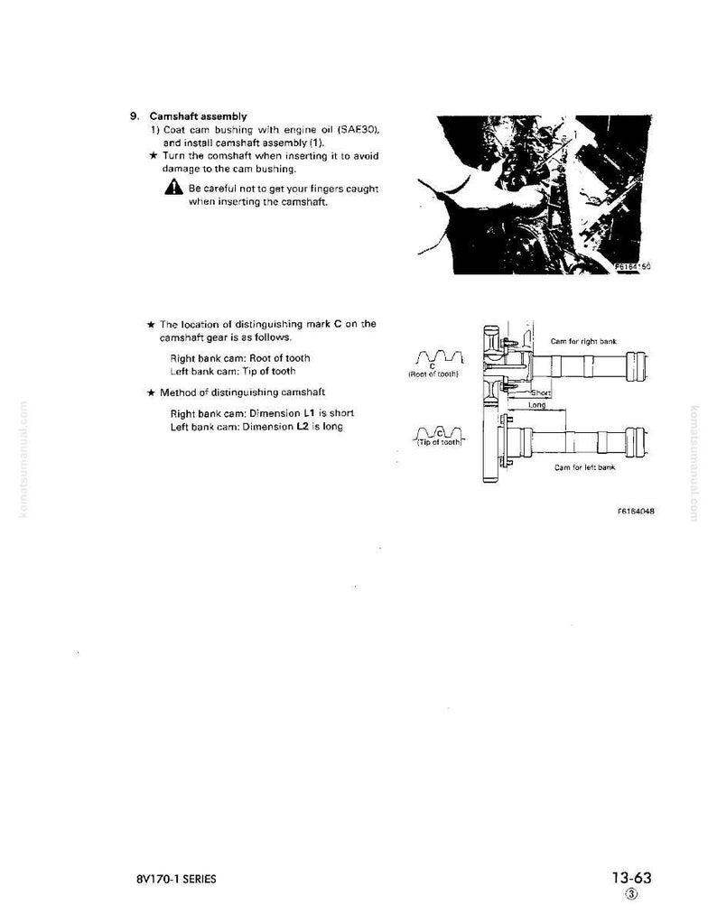 K&ouml;nnte beinhalten: Seite aus einem Handbuch mit Text und Diagrammen zur Nockenwellenmontage. Der Text enth&auml;lt Anweisungen zum &Ouml;len und Einbau. Diagramme zeigen das Nockenwellenrad und die Abmessungen. Ma&szlig;e sind metrisch.