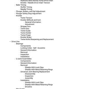 May include: A detailed list of field operation procedures and components, including chain tension, baler timing, knotter functions, and drive line elements. The text is in black font on a white background.