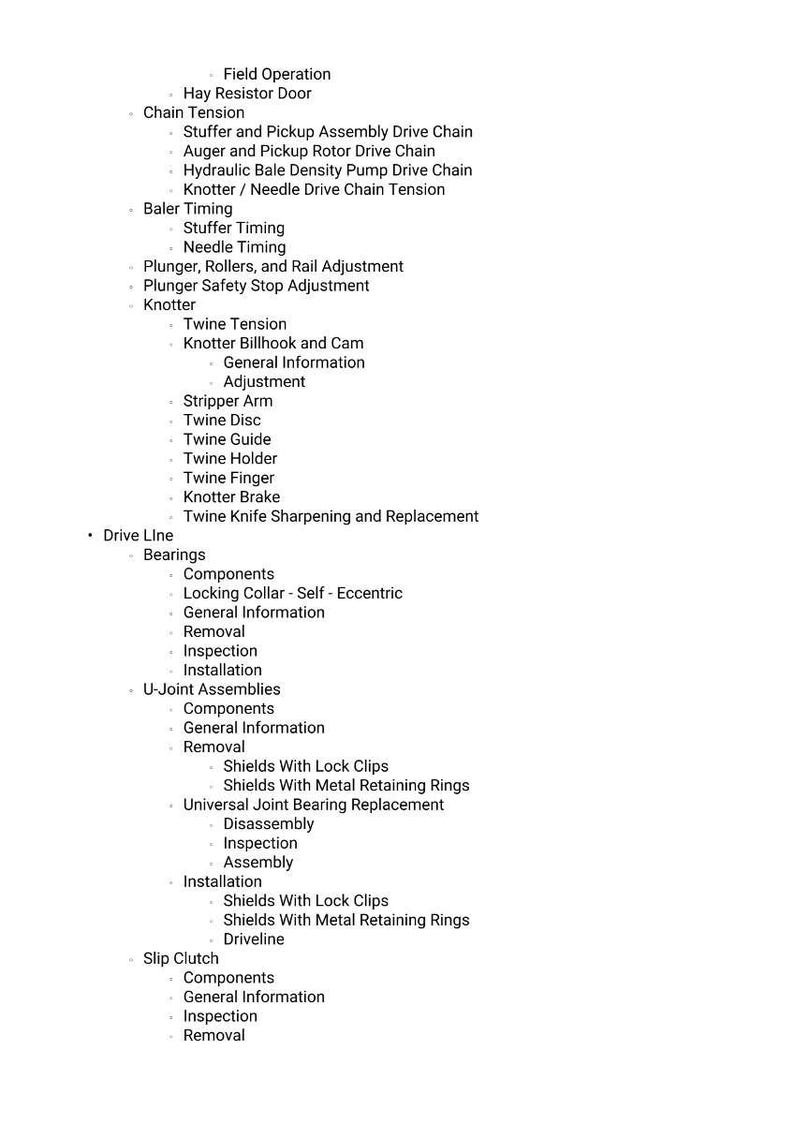 May include: A detailed list of field operation procedures and components, including chain tension, baler timing, knotter functions, and drive line elements. The text is in black font on a white background.