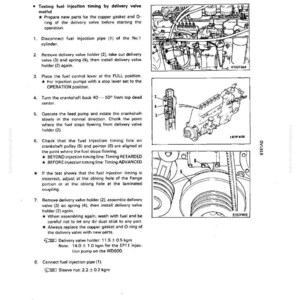 May include: Technical diagram with instructions for testing fuel injection timing, including illustrations of engine components. The text details steps for disassembly, inspection, and reassembly of parts, with measurements in kgm.