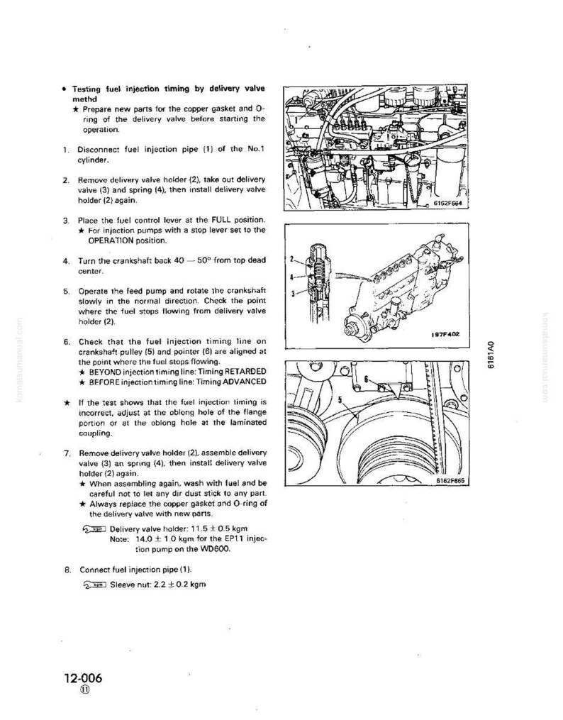 May include: Technical diagram with instructions for testing fuel injection timing, including illustrations of engine components. The text details steps for disassembly, inspection, and reassembly of parts, with measurements in kgm.