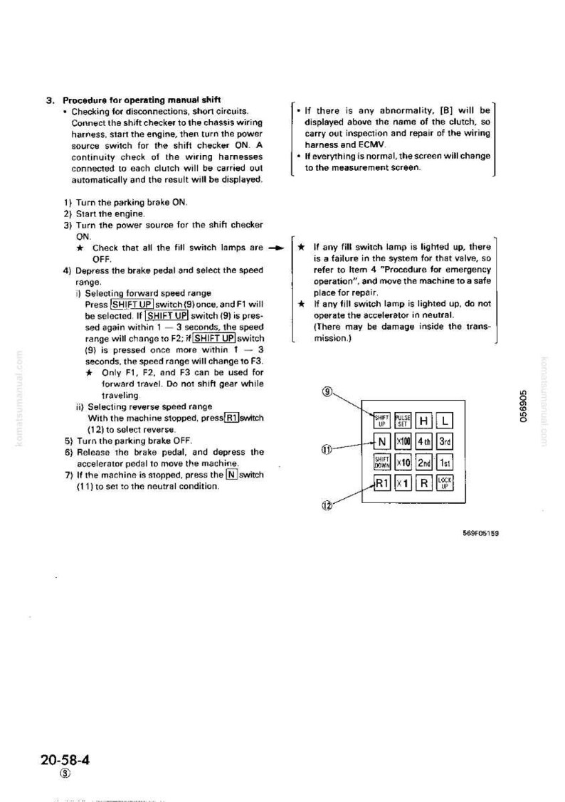 May include: A page from a manual with instructions for operating a manual shift. The text includes steps for checking disconnections, selecting speed ranges, and using switches. A diagram of a control panel is also shown.