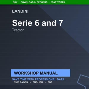 K&ouml;nnte beinhalten: Ein digitales Werkstatthandbuch f&uuml;r Landini Serie 6 und 7 Traktoren. Das Cover ist dunkelblau mit wei&szlig;em Text, der "Serie 6 und 7" und "Tractor" lautet. Das Handbuch hat 3568 Seiten und ist in englischer Sprache.