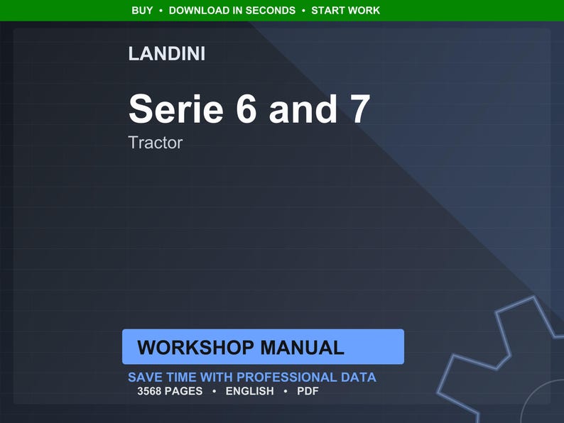 K&ouml;nnte beinhalten: Ein digitales Werkstatthandbuch f&uuml;r Landini Serie 6 und 7 Traktoren. Das Cover ist dunkelblau mit wei&szlig;em Text, der "Serie 6 und 7" und "Tractor" lautet. Das Handbuch hat 3568 Seiten und ist in englischer Sprache.