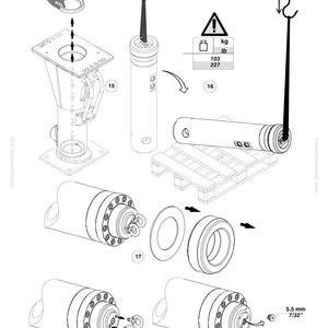 May include: An engineering diagram with various mechanical components, including cylinders, rings, and a lifting mechanism. The diagram includes measurements in inches and pounds, with a maximum weight of 227 lbs.