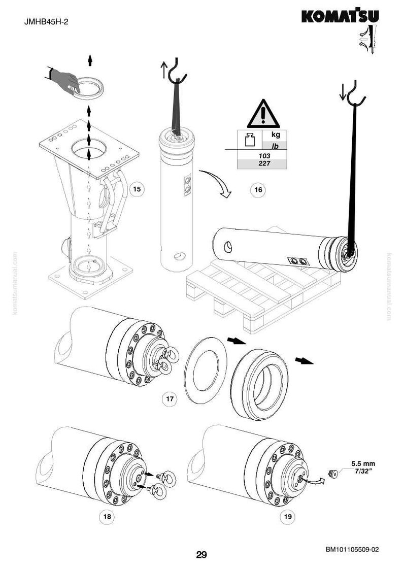 May include: An engineering diagram with various mechanical components, including cylinders, rings, and a lifting mechanism. The diagram includes measurements in inches and pounds, with a maximum weight of 227 lbs.