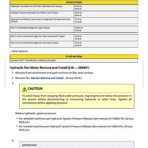 May include: A page from a manual detailing the removal and installation of a hydraulic fan motor. It includes specifications for torque, a caution about fluid pressure, and instructions for relieving system pressure.