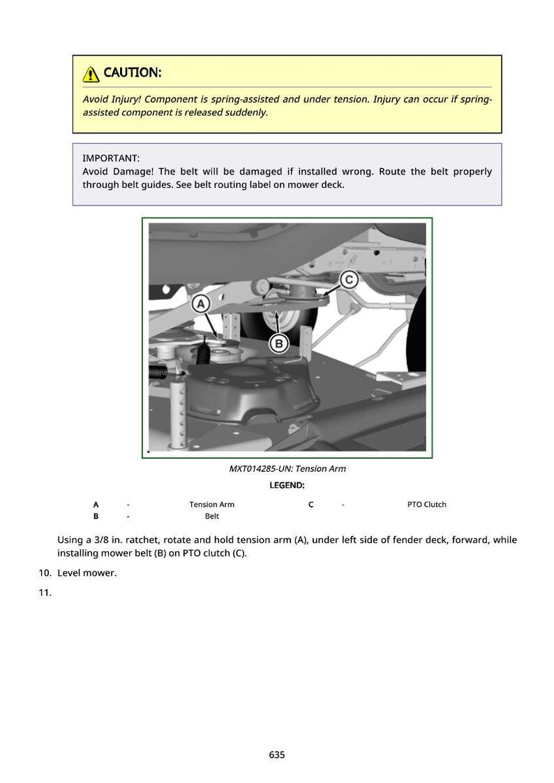 May include: Diagram of mower components with labels A, B, and C. Text includes warnings about injury and damage, and instructions for belt installation using a 3/8 in. ratchet. The diagram is labeled MXT014285-UN: Tension Arm.