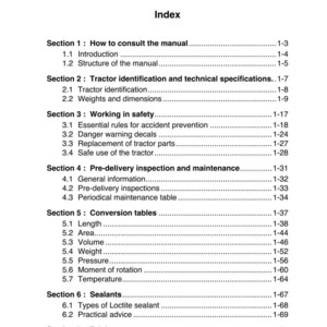 May include: A page from a manual titled "Chapter 1: Introduction" with an index listing sections on tractor identification, safety, and maintenance. The page includes section numbers and page numbers.