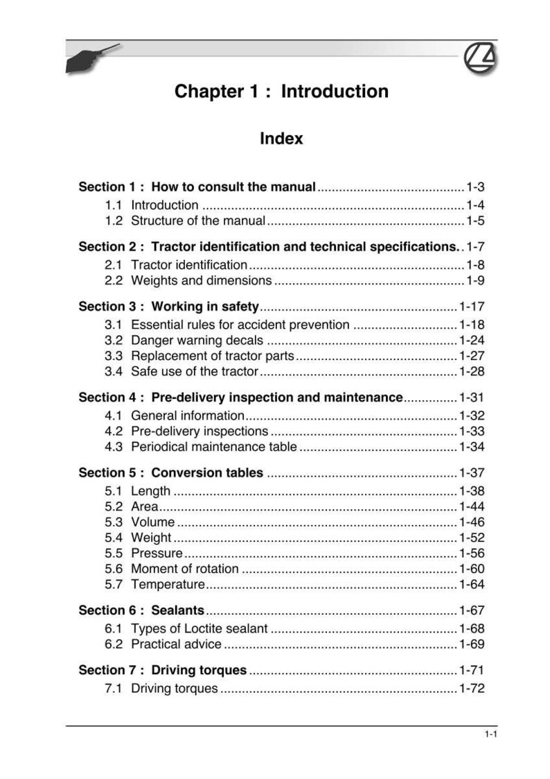 May include: A page from a manual titled "Chapter 1: Introduction" with an index listing sections on tractor identification, safety, and maintenance. The page includes section numbers and page numbers.