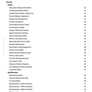 Puede incluir: Un documento en blanco y negro titulado "Tabla de Contenidos" con una lista de temas de seguridad y especificaciones. El documento incluye secciones sobre seguridad, velocidades de funcionamiento y dimensiones, con n&uacute;meros de p&aacute;gina.