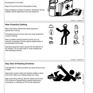 May include: Safety instructions page with illustrations. Includes a fire extinguisher, first aid kit, and diagrams of protective gear. Text advises on emergency preparedness, protective clothing, and avoiding rotating drivelines. Page number 05-3.