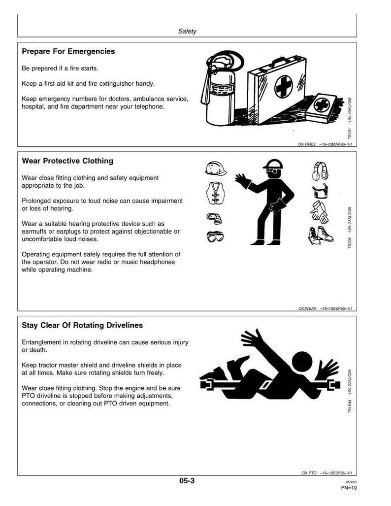 May include: Safety instructions page with illustrations. Includes a fire extinguisher, first aid kit, and diagrams of protective gear. Text advises on emergency preparedness, protective clothing, and avoiding rotating drivelines. Page number 05-3.