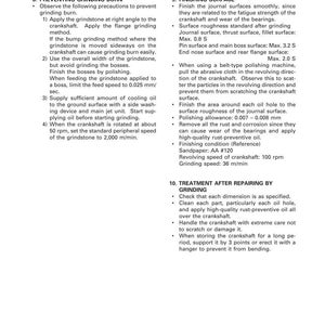 K&ouml;nnte beinhalten: Eine Seite aus einem Handbuch, das die Aufbereitung und den Austausch von Zylinderbl&ouml;cken beschreibt. Der Text enth&auml;lt Anweisungen zur Vermeidung von Schleifbrand, zur Oberfl&auml;chenbearbeitung und zur Nachbehandlung, mit Angaben in mm und U/min.