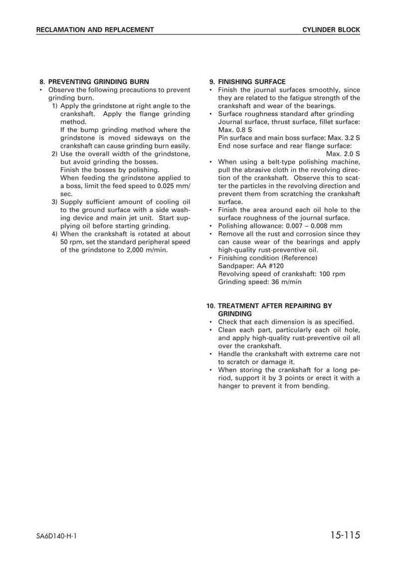 K&ouml;nnte beinhalten: Eine Seite aus einem Handbuch, das die Aufbereitung und den Austausch von Zylinderbl&ouml;cken beschreibt. Der Text enth&auml;lt Anweisungen zur Vermeidung von Schleifbrand, zur Oberfl&auml;chenbearbeitung und zur Nachbehandlung, mit Angaben in mm und U/min.
