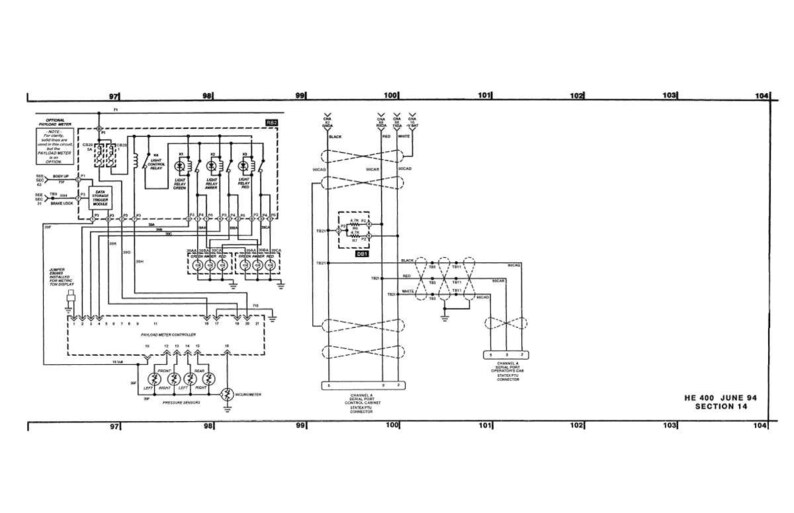 K&ouml;nnte beinhalten: Schwarz-wei&szlig;es Schaltbild eines elektrischen Systems mit verschiedenen Komponenten und Verkabelung. Das Diagramm enth&auml;lt Text und Beschriftungen mit dem Titel "HE 400 JUNE 94 SECTION 14".