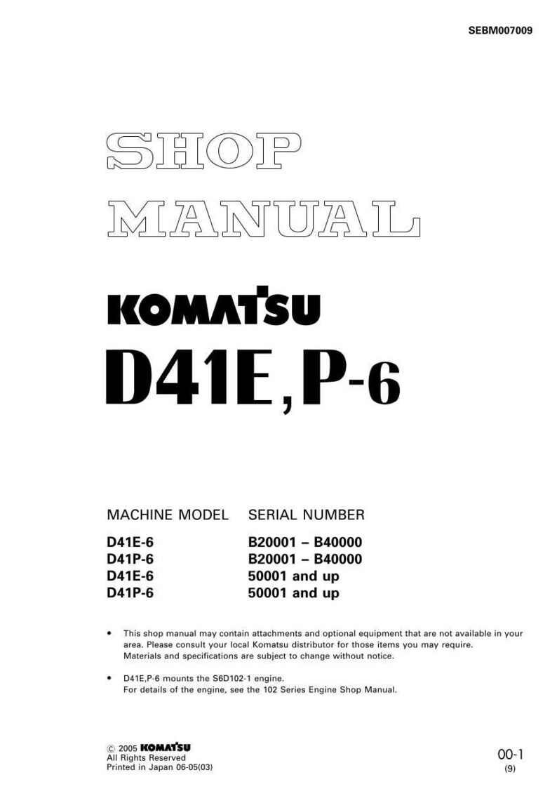 May include: A white shop manual with the text "SHOP MANUAL" and "KOMATSU D41E, P-6" in bold black font. The manual includes machine model and serial number information. The cover also has the Komatsu logo.