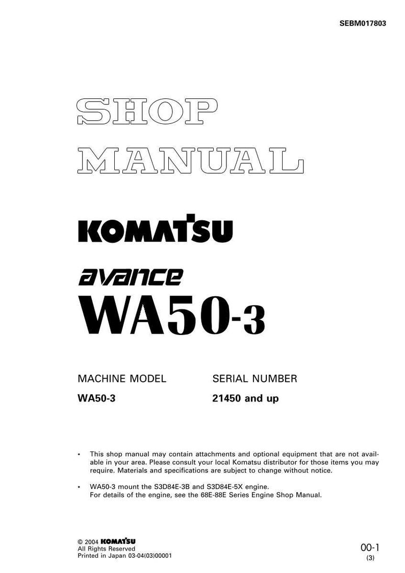 K&ouml;nnte beinhalten: Ein wei&szlig;es Werkstatthandbuch mit dem Text "SHOP MANUAL" in fetter, umrandeter Schrift. Das Komatsu-Logo und "avance WA50-3" sind deutlich sichtbar. Das Handbuch enth&auml;lt Informationen zu Maschinenmodell und Seriennummer.