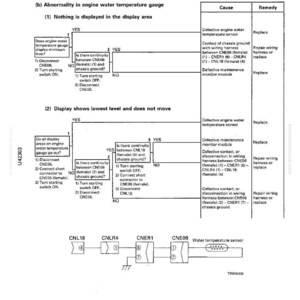 May include: Troubleshooting diagram for an engine water temperature gauge. The diagram includes flowcharts with yes/no questions, causes, and remedies for display issues. Components include CNE06, CNER1, CNLR4, and CNL18.