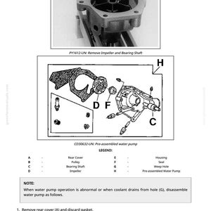 May include: Diagram of a pre-assembled water pump with labeled components. The image includes detailed illustrations of the pump's parts, such as the impeller, bearing shaft, and housing. Text provides instructions for disassembly and component removal.