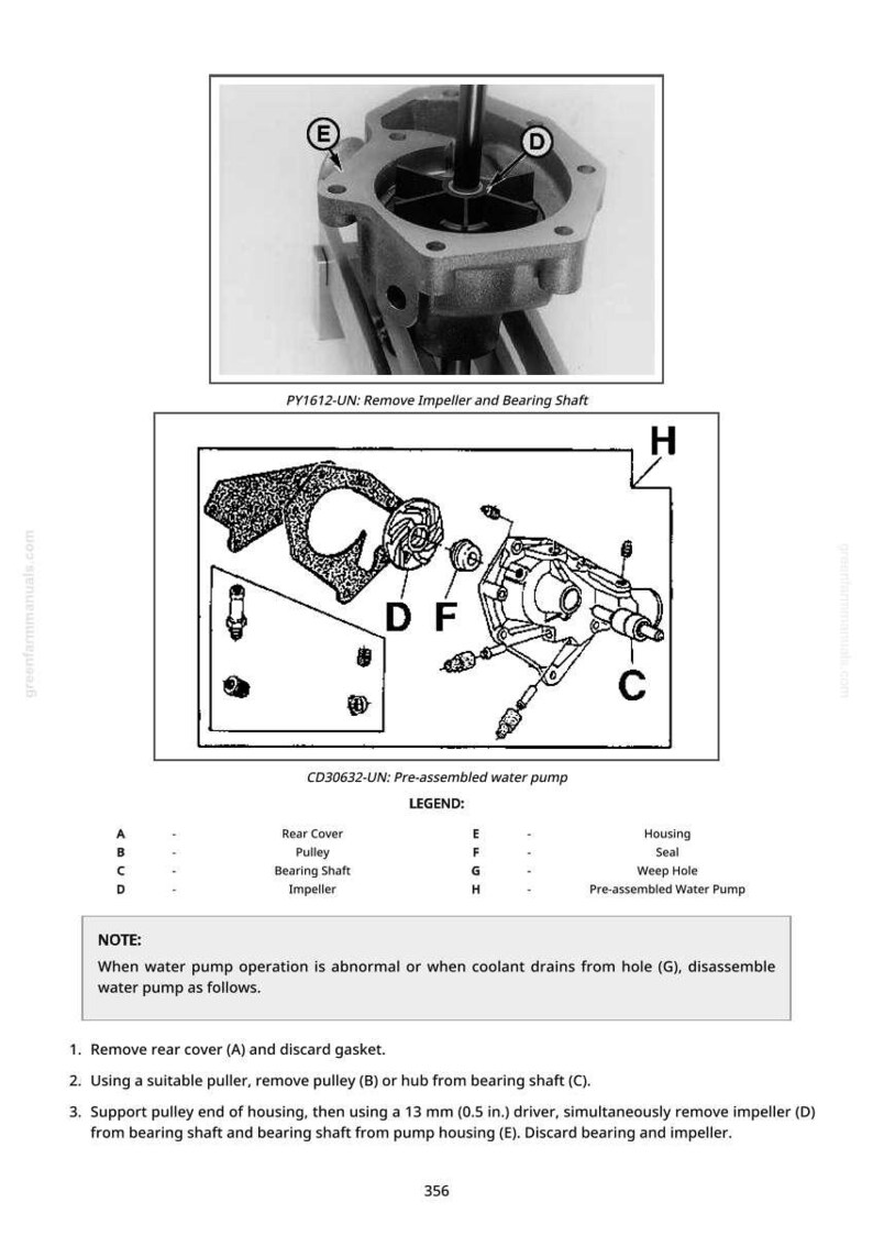 May include: Diagram of a pre-assembled water pump with labeled components. The image includes detailed illustrations of the pump's parts, such as the impeller, bearing shaft, and housing. Text provides instructions for disassembly and component removal.