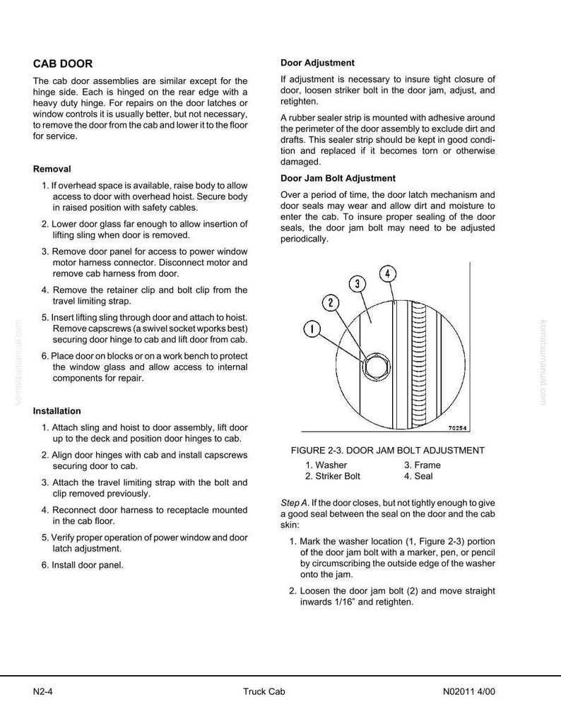 May include: A detailed diagram and text from a truck cab repair manual. The image includes instructions for door adjustment, removal, and installation, with labeled parts and diagrams for clarity. The manual is labeled N2-4.