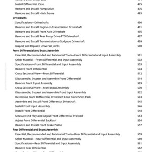 Puede incluir: Una p&aacute;gina de manual con un &iacute;ndice de procedimientos de reparaci&oacute;n automotriz. El texto incluye secciones sobre ejes de transmisi&oacute;n, diferenciales y ensamblaje de entrada, con n&uacute;meros de p&aacute;gina a la derecha.