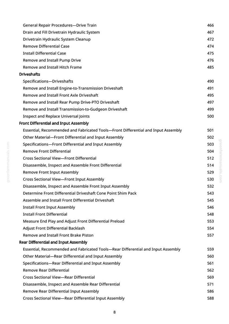 Puede incluir: Una p&aacute;gina de manual con un &iacute;ndice de procedimientos de reparaci&oacute;n automotriz. El texto incluye secciones sobre ejes de transmisi&oacute;n, diferenciales y ensamblaje de entrada, con n&uacute;meros de p&aacute;gina a la derecha.