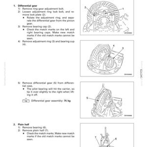 May include: Diagram of differential assembly disassembly steps. Includes illustrations of gear components, bearing caps, and adjustment rings. The text indicates a differential gear assembly weight of 75 kg.
