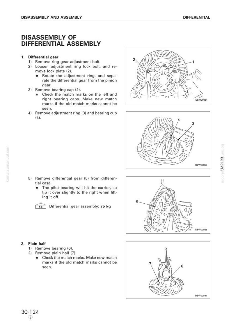 May include: Diagram of differential assembly disassembly steps. Includes illustrations of gear components, bearing caps, and adjustment rings. The text indicates a differential gear assembly weight of 75 kg.