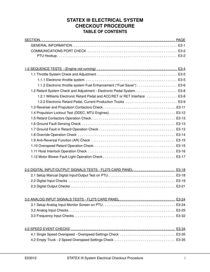 May include: A detailed table of contents for the STATEX III Electrical System Checkout Procedure. The document outlines various tests, including sequence tests, digital input/output signals tests, and analog input signals tests. The document is labeled with the title and page numbers.