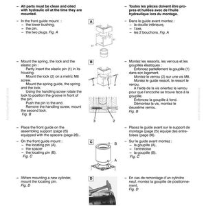 K&ouml;nnte beinhalten: Seite aus einem Komatsu-Handbuch mit Montageanleitungen und Diagrammen f&uuml;r Hydraulikteile. Der Text auf Deutsch beschreibt die Montage von Komponenten wie Stiften und Verriegelungen.